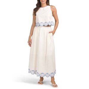 CALYPSO ST. BARTH White 2pc Linen Blend Embroidered Seashell Top And Skirt Set